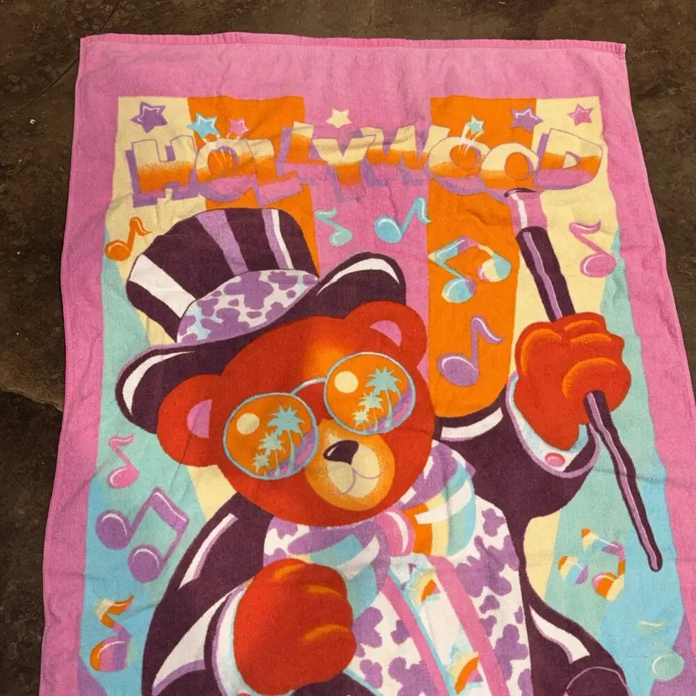 Lisa Frank Beach Towel Vintage Hollywood Bear Party Vibrant Colors Rare